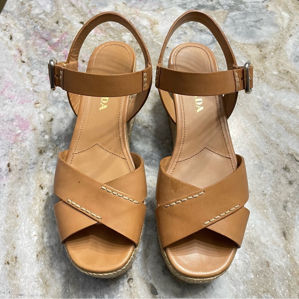 PRADA Espadrilles Sandals Size 40 Brown Tan Leather - Picture 2 of 14